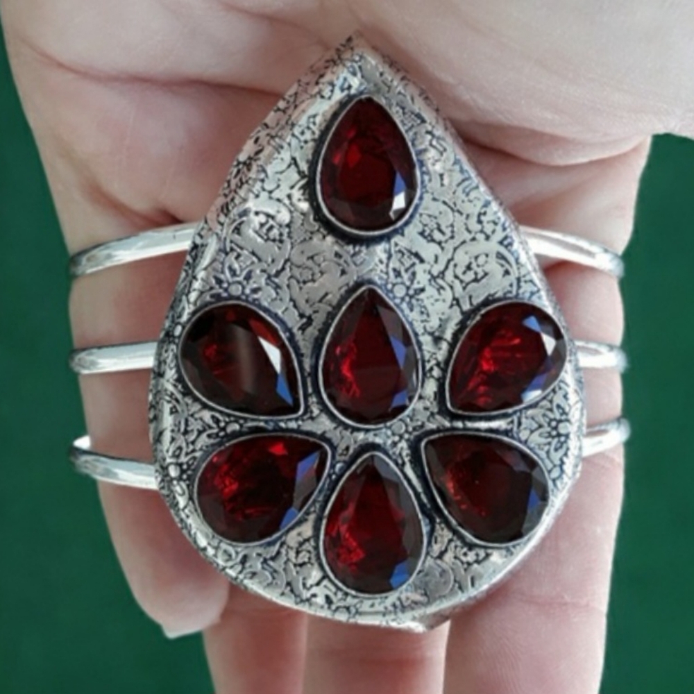 New Oversized Garnet 925 Silver Cuff Bracelet.